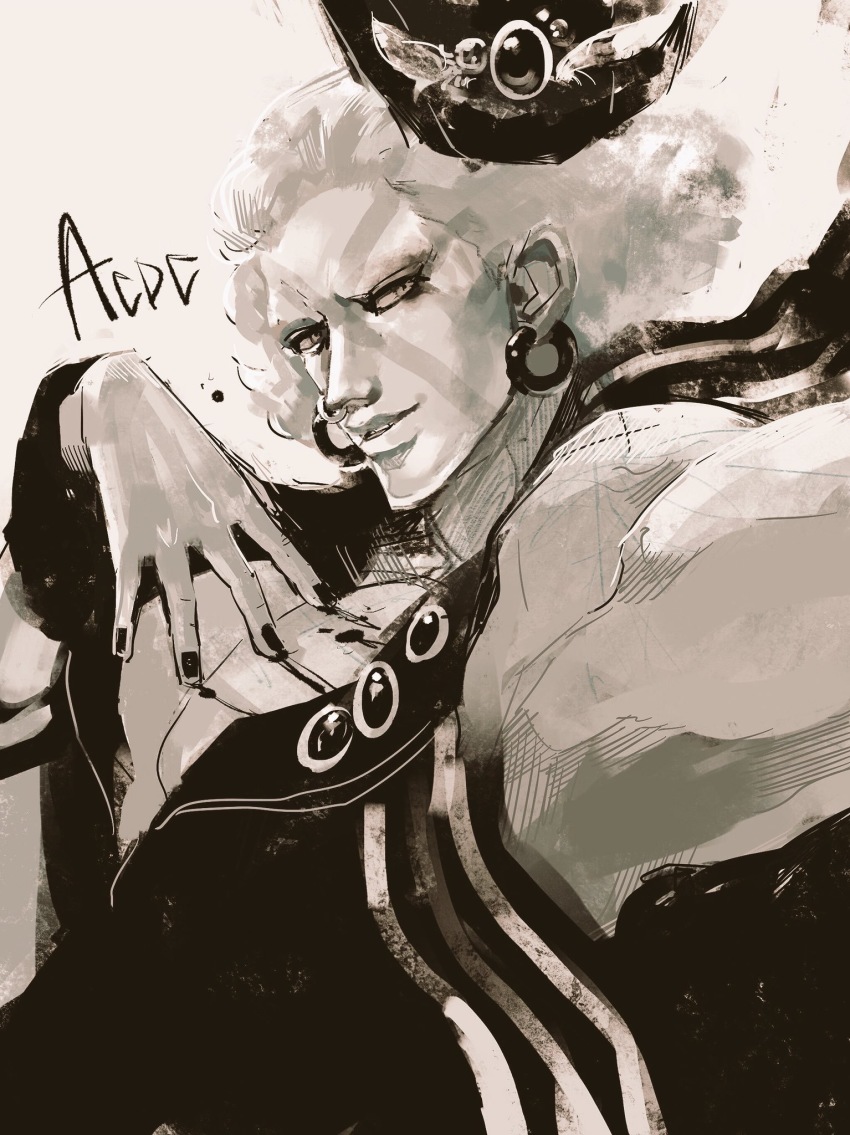 1boy bad_id bad_pixiv_id battle_tendency blood blood_on_chest chocoblood earrings esidisi facial_mark floating_hat hand_on_own_chest hat unworn_hat unworn_headwear highres horns jewelry jojo_no_kimyou_na_bouken male_focus monochrome nail_polish nose_piercing nose_ring official_alternate_costume piercing sepia solo vest