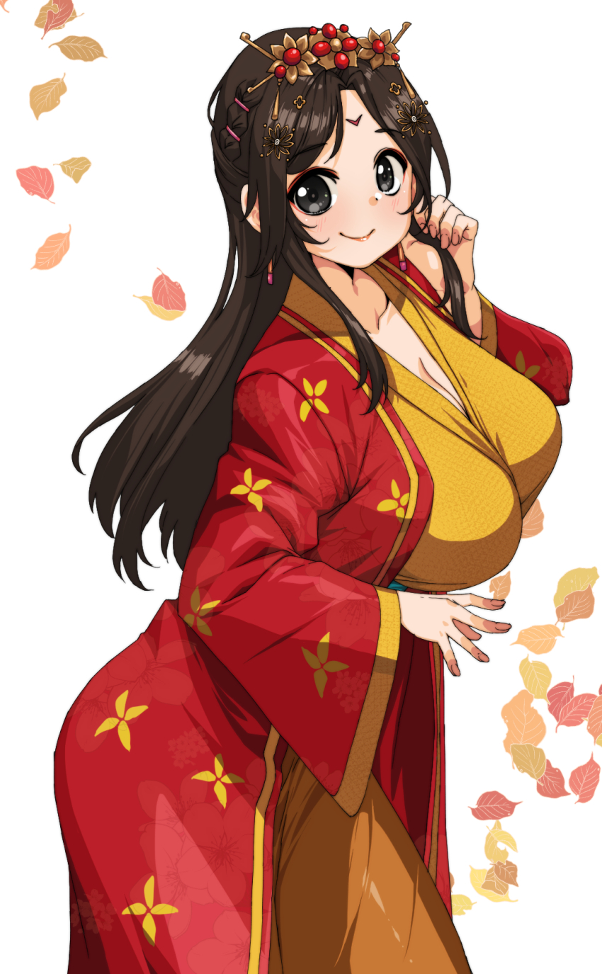 1girl blush breasts chinese_clothes closed_mouth coat commission commissioner_upload dress eye_mask facial_mark forehead_mark hair_ornament hairpin hand_in_own_hair hero&#039;s_adventure_road_of_passion highres large_breasts leaf leaf_background long_sleeves non-web_source pixiv_commission princess_fu_qing_(hero&#039;s_adventure_road_of_passion) rantia red_coat smile solo upper_body yellow_dress