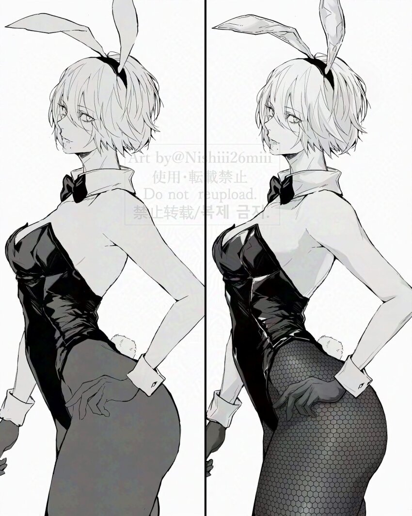 1girl 2b_(nier:automata) animal_ear_hairband animal_ears ass bare_shoulders black_hairband black_leotard bow bowtie breasts covered_navel detached_collar fake_animal_ears fake_tail fishnet_pantyhose fishnets gloves hairband highleg highleg_leotard highres leotard looking_at_viewer medium_breasts mole mole_under_mouth nier:automata nier_(series) nishiii26miii no_blindfold pantyhose playboy_bunny rabbit_ear_hairband rabbit_ears rabbit_tail short_hair solo strapless strapless_leotard tail thong_leotard traditional_bowtie white_hair white_wrist_cuffs wrist_cuffs