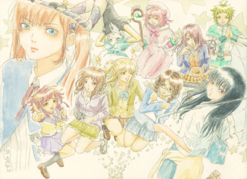 1other 6+girls aihara_yuzu anime-gataris arms_behind_head asagaya_minoa black_hair blonde_hair bracelet braid brown_footwear brown_hair brown_skirt cat character_request citrus_(saburouta) eating glasses green_hair green_skirt hair_over_one_eye holding holding_staff holding_umbrella houseki_no_kuni jewelry just_because! kobayashi_rindou koi_to_uso koi_wa_ameagari_no_you_ni komiya_ena konbini_kareshi lily_(netojuu_no_susume) long_hair mihashi_mami multiple_girls netojuu_no_susume own_hands_together phosphophyllite pink_hair purple_skirt sanada_ririna school_uniform shokugeki_no_souma skirt staff tachibana_akira traditional_media twin_braids twintails umbrella watercolor_pencil_(medium) yama_(u_fromx) year_connection