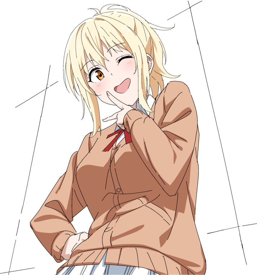 1girl ;d blonde_hair blush breasts brown_cardigan cardigan collared_shirt commentary_request cowboy_shot hair_between_eyes hand_on_own_hip hatenoga highres inward_v long_sleeves looking_at_viewer love_live! love_live!_nijigasaki_high_school_idol_club medium_breasts medium_hair miyashita_ai neck_ribbon nijigasaki_school_uniform one_eye_closed open_mouth orange_eyes plaid_clothes plaid_skirt pleated_skirt ponytail red_ribbon ribbon school_uniform shirt sidelocks skirt smile solo v white_background white_shirt white_skirt winter_uniform