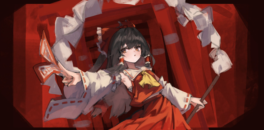 1girl ascot bare_shoulders bow gohei hair_bow hair_tubes hakurei_reimu highres holding holding_gohei holding_ofuda lab2linch looking_at_viewer midriff_peek multiple_torii nontraditional_miko red_bow red_shirt red_skirt ribbon-trimmed_sleeves ribbon_trim sarashi shirt skirt sleeveless sleeveless_shirt solo torii touhou wide_sleeves yellow_ascot