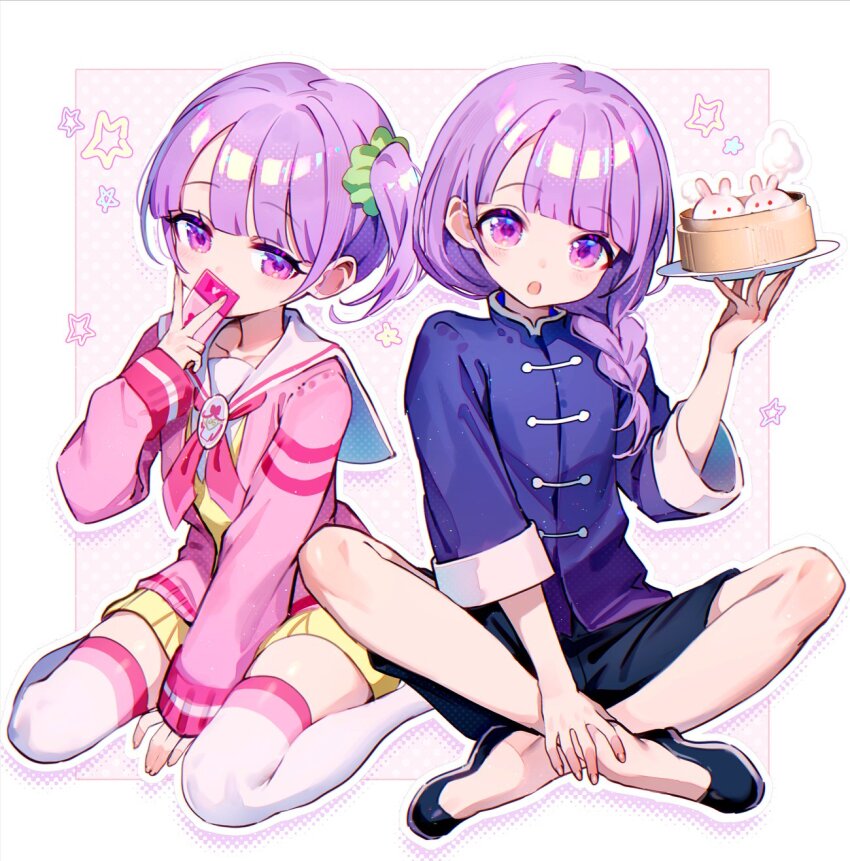 1boy 1girl :o between_legs black_shoes black_shorts blue_shirt blunt_bangs braid card cardigan chinese_clothes commentary covering_own_mouth dress food full_body genderswap genderswap_(ftm) green_scrunchie hair_ornament hair_over_shoulder hair_scrunchie half-closed_eyes hand_between_legs hand_on_ground hand_on_own_ankle hand_up highres holding holding_card holding_plate indian_style long_hair long_sleeves looking_at_viewer manaka_non manaka_non_(normal) manaka_nonsuke mandarin_collar neckerchief open_cardigan open_clothes paprika_private_academy_school_uniform pink_cardigan pink_neckerchief pink_thighhighs plate pretty_series pripara purple_eyes purple_hair sailor_collar school_uniform scrunchie shirt shoes short_dress short_hair shorts sitting sleeves_rolled_up star_(symbol) straight_hair tangzhuang tawan_(46okuneeen) thighhighs v wariza white_sailor_collar white_thighhighs wide_sleeves yellow_dress zettai_ryouiki