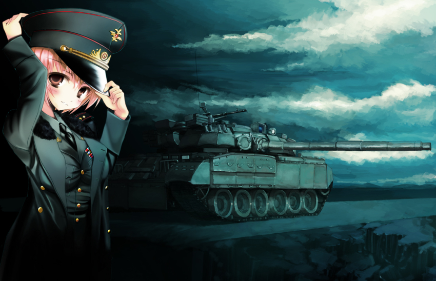 1girl breasts brown_eyes caterpillar_tracks cloud cloudy_sky graphite_(medium) hat mechanical_pencil military military_hat military_uniform military_vehicle motor_vehicle original pencil pink_eyes samazuka_mashiro short_hair sky smile t-80 tank traditional_media