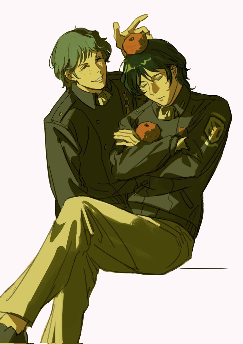 2boys ^_^ arm_up ascot black_jacket black_shoes blue_hair brown_pants buttons chinese_commentary closed_eyes collared_jacket commentary_request crossed_arms crossed_legs dusty_attenborough erhuazi917 food food_on_head foot_out_of_frame freckles fruit fruit_on_head ginga_eiyuu_densetsu green_hair grin hair_between_eyes hand_on_own_arm highres holding holding_food holding_fruit insignia jacket long_sleeves male_focus military_jacket military_uniform multiple_boys object_on_head orange_(fruit) pants patch shoes short_hair shoulder_boards shoulder_patch simple_background sitting smile teeth white_ascot white_background wing_collar yang_wen-li