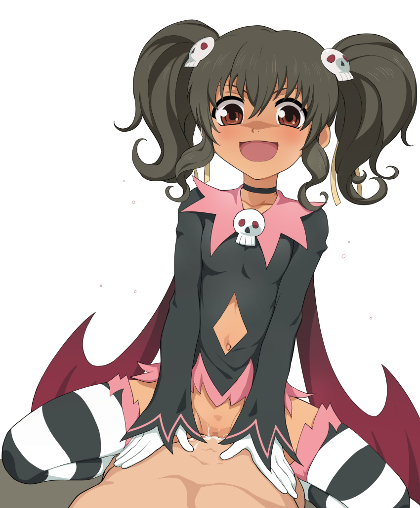 1boy 1girl anise_tatlin black_choker black_dress black_hair blush breasts brown_eyes censored choker clothing_cutout commentary_request commission cowgirl_position cum cum_in_pussy dark-skinned_female dark_skin dress girl_on_top gloves hair_ornament hetero highres medium_hair mosaic_censoring nanina_(nijnan) navel navel_cutout open_mouth sex skeb_commission skull_hair_ornament small_breasts smile smug solo straddling striped_clothes striped_thighhighs tales_of_(series) tales_of_the_abyss thighhighs twintails vaginal wings