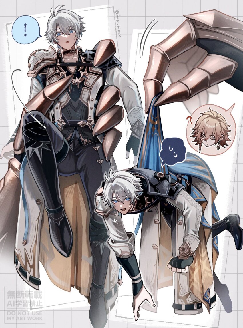 ! 2boys ? antenna_hair black_choker black_gloves black_pants black_shirt blue_cape blue_eyes cape choker clawed_gauntlets coat collared_shirt fingerless_gloves gloves grey_background grid_background hair_between_eyes ham_mmx highres holding holding_mini_person honkai:_star_rail honkai_(series) male_focus mini_person miniboy multiple_boys mydei_(honkai:_star_rail) pants phainon_(honkai:_star_rail) shirt short_hair single_glove spoken_character spoken_exclamation_mark spoken_sweatdrop sun_symbol sun_tattoo sweatdrop tan watermark white_coat white_hair