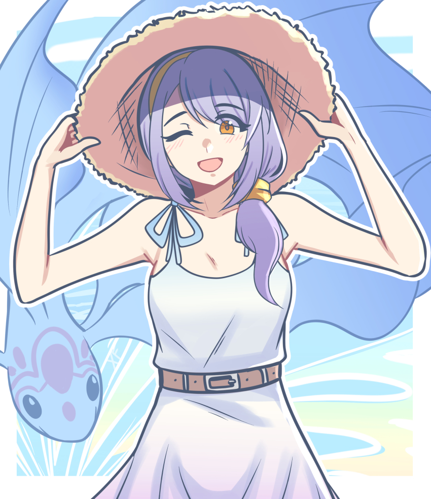 1girl absurdres alternate_costume belt blush dress elefee familiar fish grey_hair hairband hat highres izumi_(under_night_in-birth) long_hair one_eye_closed open_mouth red_seiryu side_ponytail sun_hat sundress under_night_in-birth under_night_in-birth_2_sys:celes white_dress yellow_eyes yellow_hairband