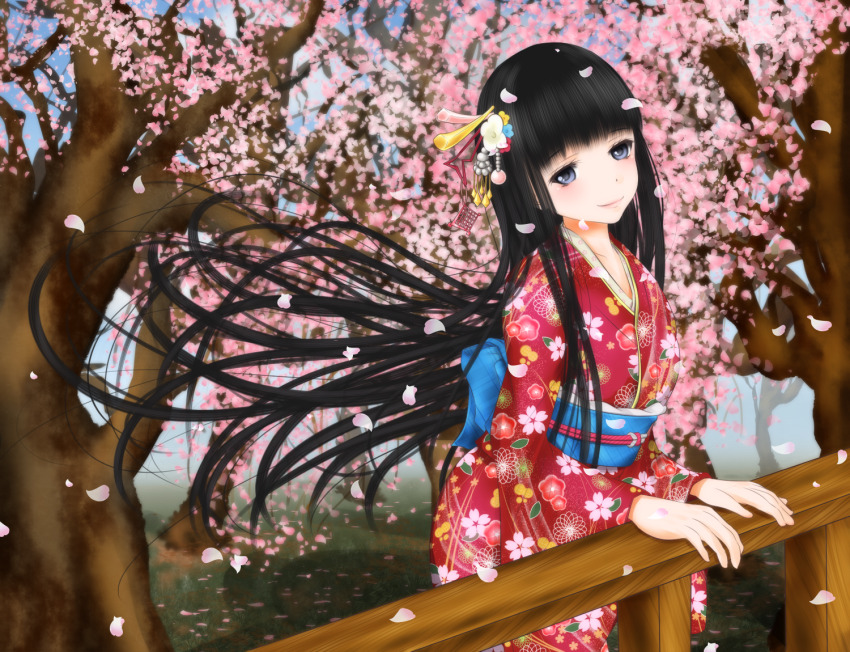 1girl belt black_hair blue_belt cherry_blossoms closed_mouth commentary_request day dot_nose feet_out_of_frame floral_print flower grey_eyes hair_flower hair_ornament head_tilt hime_cut himegami_aisa japanese_clothes kimono light_blush long_hair long_sleeves looking_at_viewer outdoors red_kimono shin_(highest1192) sidelocks smile solo standing toaru_majutsu_no_index toaru_majutsu_no_index:_old_testament tree very_long_hair wide_sleeves wind yukata