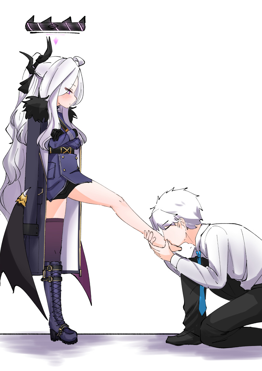 1boy 1girl absurdres barefoot black_horns black_wings blue_archive blue_necktie boots closed_eyes demon_girl demon_horns demon_wings halo highres hina_(blue_archive) horns kissing_foot long_hair low_wings multiple_horns necktie sensei_(blue_archive) short_hair white_background white_hair wings zenome_leon