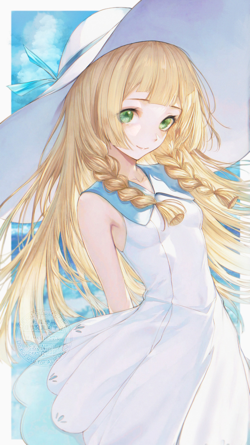 1girl absurdres armpits blonde_hair braid breasts closed_mouth collared_dress commentary day dress floating_hair green_eyes hat hat_ribbon highres lillie_(pokemon) long_hair nintendo outdoors pokemon pokemon_sm renoahh revision ribbon sky sleeveless sleeveless_dress small_breasts smile solo sun_hat twin_braids white_dress white_hat