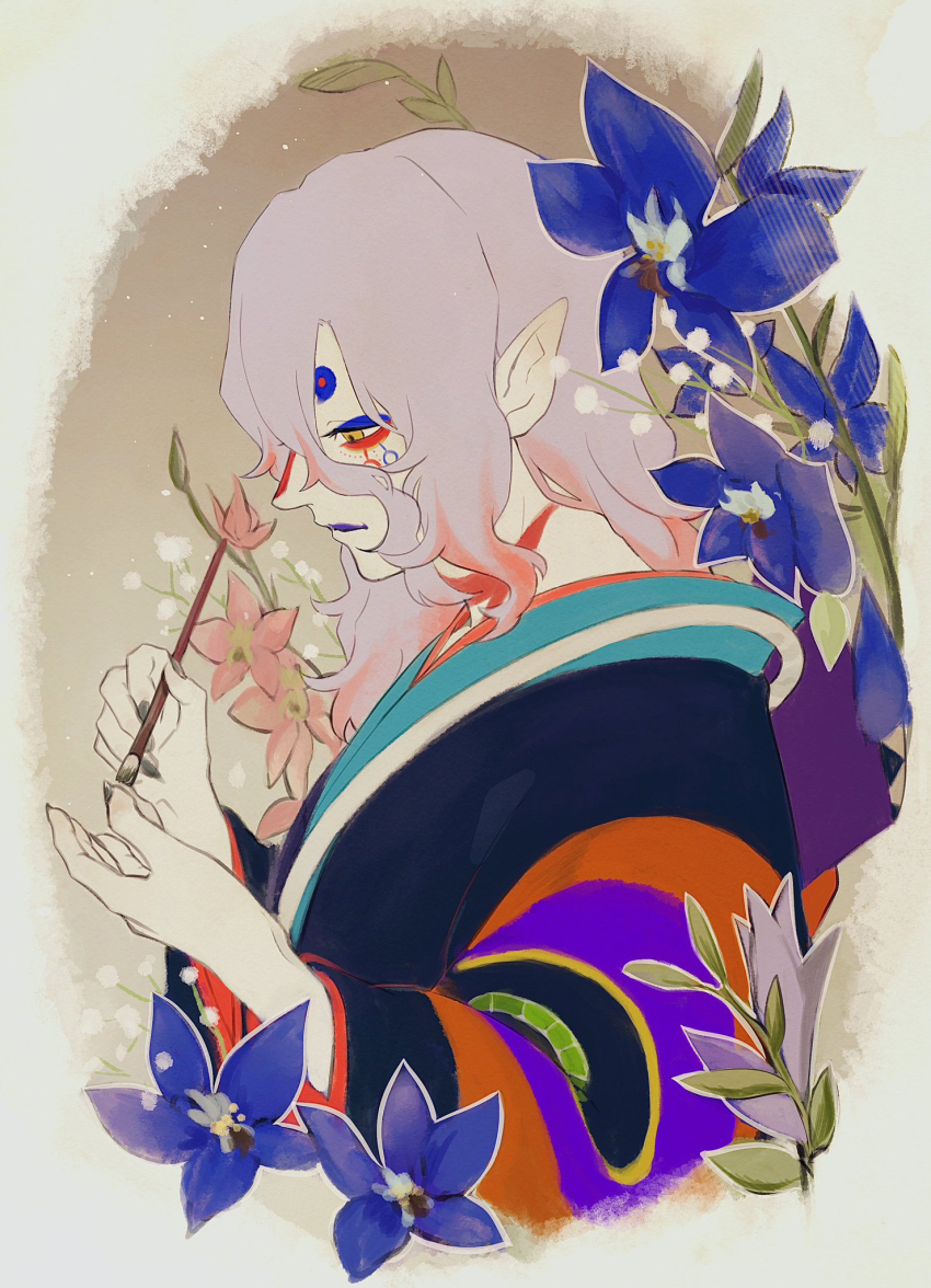 1boy applying_manicure black_nails blue_flower closed_mouth flower from_side gekijouban_mononoke grey_hair hair_between_eyes highres holding holding_paintbrush japanese_clothes kimono kusuriuri_(gekijouban_mononoke) makeup male_focus medium_hair mononoke multicolored_hair nail_polish orange_hair paintbrush painting_nails pink_flower pointy_ears rau_820 simple_background solo two-tone_hair upper_body yellow_eyes