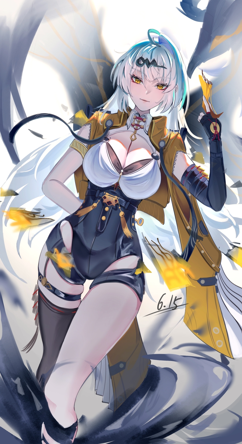 1girl absurdres arm_behind_back black_bra black_gloves black_shorts black_thighhighs bra breasts chinese_commentary closed_mouth commentary_request elbow_gloves fingerless_gloves gloves he_jiu highres holding holding_paper large_breasts long_hair paper shirt shorts single_elbow_glove smile solo thigh_strap thighhighs underwear very_long_hair white_hair white_shirt yellow_eyes yin_yang yin_yang_pin yixuan_(zenless_zone_zero) zenless_zone_zero