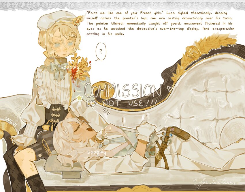2boys androgynous belt black_corset blonde_hair blue_bow blue_eyes bow chair closed_eyes coat commentary commission corset couch edgar_valden edgar_valden_(golden_ratio) english_commentary english_text frilled_shirt frilled_shirt_collar frills gloves highres identity_v kneehighs long_sleeves looking_at_another looking_back luca_balsa luca_balsa_(paranormal_detective) lying multiple_boys on_couch pants ponytail puffy_shorts puffy_sleeves shirt shorts single_drill soapweep socks talking test_tube thighhighs trap white_coat white_gloves white_pants white_shirt
