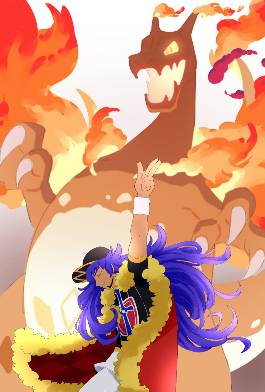 1boy absurdres argyle arm_up baseball_cap cape champion_uniform charizard charizard_pose closed_eyes closed_mouth commentary_request dark-skinned_male dark_skin facial_hair fur-trimmed_cape fur_trim gen_1_pokemon gigantamax gigantamax_charizard gradient_background hat highres leggings leon_(pokemon) long_hair male_focus mira_(miramita8727) nintendo pokemon pokemon_(creature) pokemon_swsh purple_hair red_cape shield_print shirt short_shorts short_sleeves shorts smile sword_print white_shorts