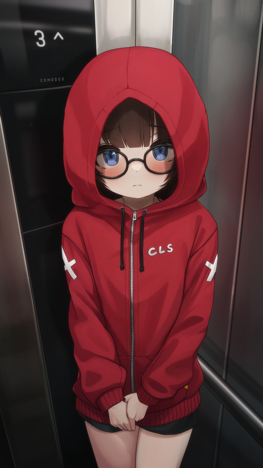 1girl absurdres black-framed_eyewear black_shorts blue_eyes blush brown_hair closed_mouth comodox cowboy_shot drawstring elevator glasses highres hood hood_up hooded_jacket huge_filesize indoors jacket large_variant_set long_sleeves looking_at_viewer original red_jacket sheryn_(comodox) short_shorts shorts solo standing variant_set