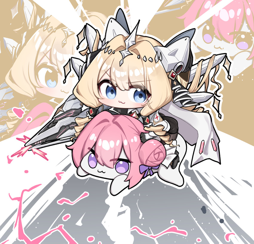 2girls :3 akira_(manga) akira_slide black_gloves black_pantyhose black_shorts blonde_hair blue_eyes bow brown_background chibi closed_mouth colorful_background crown crown_(nikke) doro_(nikke) double-parted_bangs drill_hair full_body gloves goddess_of_victory:_nikke grey_background hair_between_eyes hair_bow hair_bun hair_tubes highres holding holding_polearm holding_weapon long_hair looking_at_viewer multiple_girls pantyhose pink_hair polearm purple_bow purple_eyes riding shirt shorts single_side_bun smile spear twin_drills v-shaped_eyebrows weapon white_shirt yabby zoom_layer