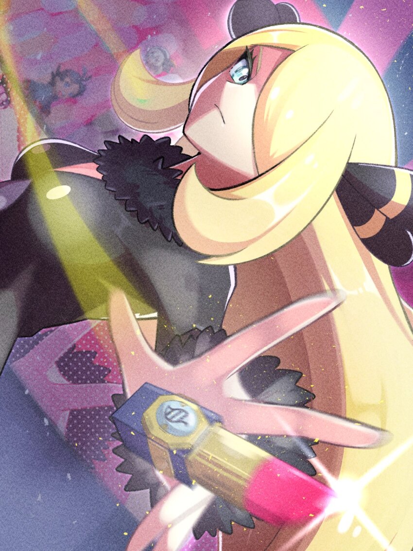 1boy 2girls bea_(pokemon) black_dress blonde_hair blue_eyes breasts cynthia_(pokemon) dress glint goh_(pokemon) hair_over_one_eye highres inana_umi lipstick long_hair makeup medium_breasts multiple_girls nintendo pokemon pokemon_(anime) pokemon_journeys solo_focus upper_body