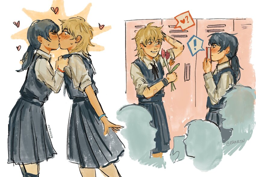 2girls 3others arm_behind_head black_dress blush book chainsaw_man commentary covering_own_mouth denji_(chainsaw_man) dress ekar1n english_commentary flower fourth_east_high_school_uniform genderswap genderswap_(mtf) heart highres holding holding_book holding_flower kiss locker medium_dress mitaka_asa multiple_girls multiple_others pinafore_dress pleated_dress ponytail school_uniform short_hair signature sleeveless sleeveless_dress smile sweatdrop wristband yuri
