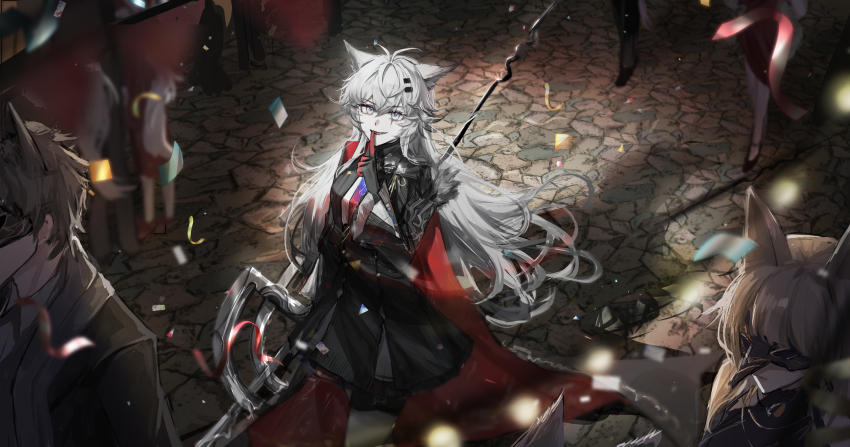 1girl absurdres antenna_hair arknights black_gloves black_jacket black_shorts black_skirt blue_necktie cape cobblestone collared_jacket confetti cowboy_shot evil_grin evil_smile fur-trimmed_cape fur_trim gloves gradient_necktie grey_eyes grey_hair grin hair_between_eyes hair_ornament hairclip high-waist_skirt high_collar highres holding holding_polearm holding_weapon jacket lappland_(arknights) lappland_the_decadenza_(arknights) light_particles long_hair looking_at_viewer loose_hair_strand mask meng_qiao miniskirt necktie open_clothes open_jacket outdoors pale_skin parallel_hairclips pleated_skirt polearm red_cape red_gloves red_necktie scar scar_across_eye scar_on_face shadow sharp_teeth shirt shorts shorts_under_skirt skirt smile solo_focus teeth two-tone_gloves two-tone_necktie very_long_hair walking weapon white_shirt wolf_girl