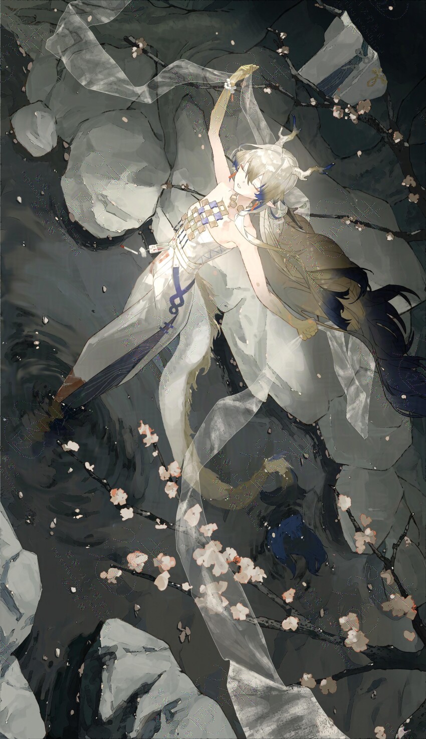 1girl 3pel1 absurdres arknights bare_arms bare_shoulders blonde_hair blue_hair closed_eyes colored_extremities commentary_request commission dragon_girl dragon_horns dragon_tail falling_petals flower full_body grey_hair hagoromo hair_between_eyes highres horns jewelry long_hair multicolored_hair necklace no_jacket outdoors outstretched_arms petals pointy_ears ripples rock shawl shu_(arknights) smile solo spread_arms standing strapless tail too_many_watermarks tube_top very_long_hair water watermark white_flower white_shawl white_tube_top wind