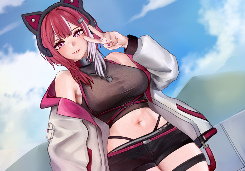 1girl absurdres animal_ear_headphones belly breasts cat_ear_headphones cloud commission commissioner_upload earphones fake_animal_ears hair_ornament hairclip headphones highres jacket looking_at_viewer lyko_lianna multicolored_hair navel pants pink_eyes red_hair shorts sky smile solo standing v v4mirai virtual_youtuber
