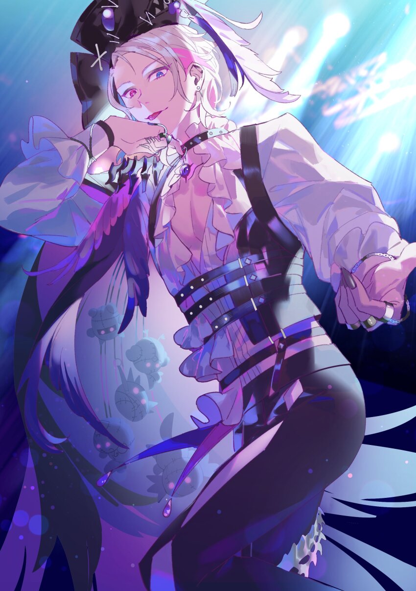 1boy absurdres black_choker blue_eyes blue_hair chain choker earrings feather_cape fingernails frilled_shirt frilled_sleeves frills gavis_bettel gavis_bettel_(2nd_costume) grey_hair harness hat hat_feather heterochromia highres holostars holostars_english jewelry long_sleeves looking_at_viewer lynnear male_focus multicolored_hair multiple_rings nail_polish o-ring o-ring_choker official_alternate_costume official_alternate_hairstyle outstretched_arms pink_eyes pink_hair pirate_hat ring sharp_fingernails shirt smile solo stitches tongue tongue_out virtual_youtuber white_shirt