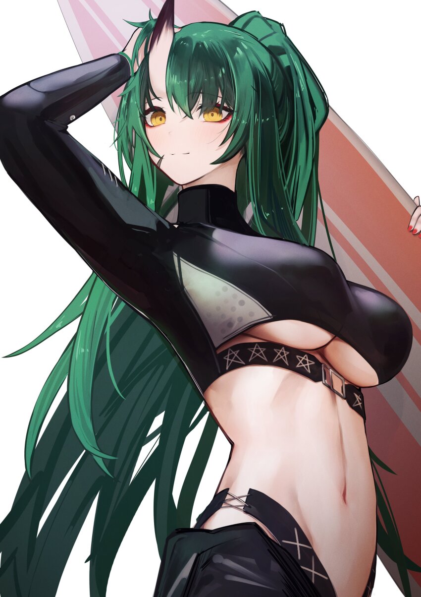1girl absurdres arknights blonde_hair breasts commentary green_hair high_ponytail highres holding holding_surfboard horns hoshiguma_(arknights) hoshiguma_(seeker)_(arknights) large_breasts linea_alba long_sleeves looking_to_the_side midriff navel official_alternate_costume ponytail simple_background single_horn smile solo surfboard underboob upper_body white_background worimehl