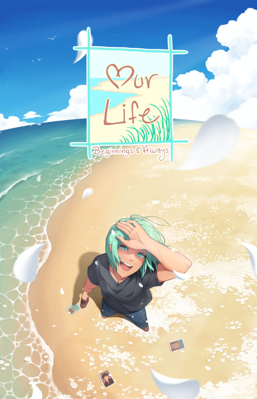 1boy :d absurdres bag beach black_shirt blue_sky cloud cloudy_sky cove_holden denim falling_petals fisheye from_above green_eyes green_hair hand_to_head highres holding holding_bag jeans looking_at_viewer male_focus ocean official_art open_mouth our_life:_beginnings_and_always pants partially_shaded_face petals photo_(object) scenery shielding shirt sidelocks sky smile solo teeth upper_teeth_only