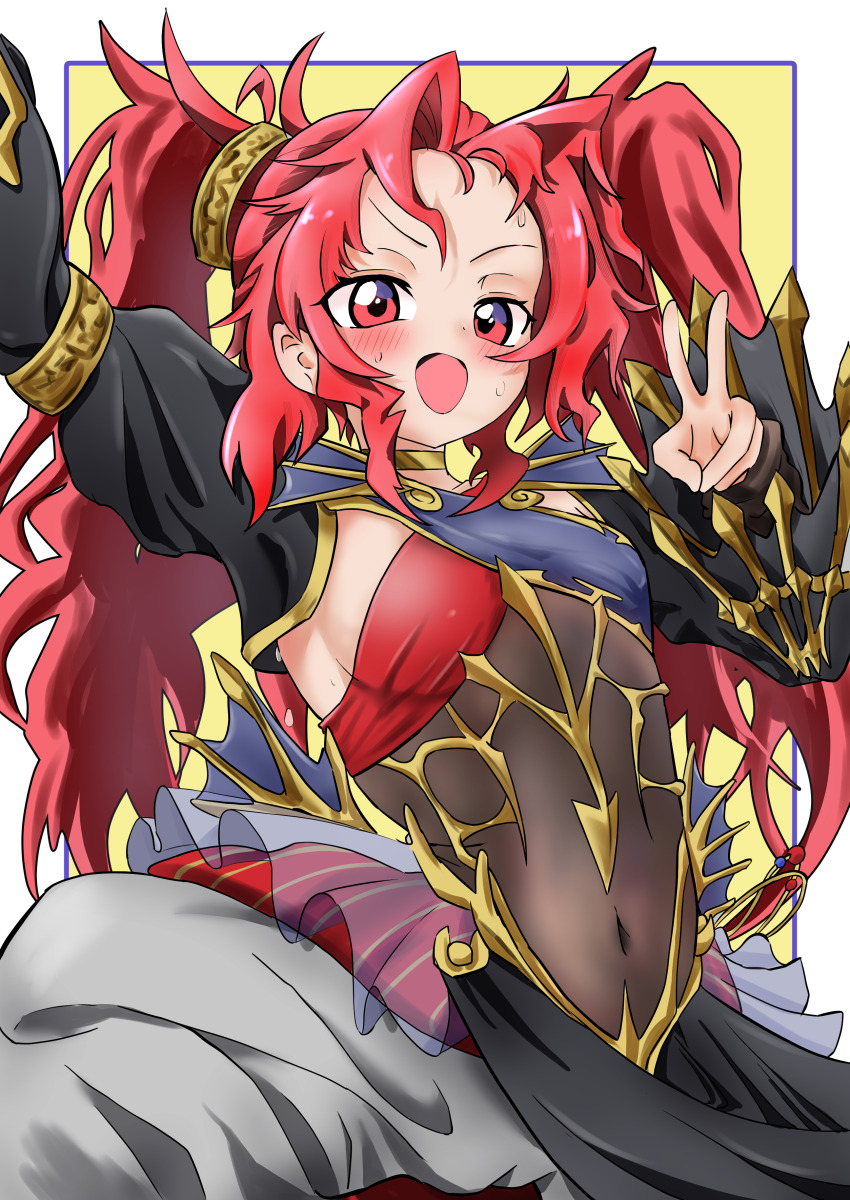 1girl absurdres arm_up blush breasts dancer duel_monster emilia_(yu-gi-oh!) emilia_dance_priestess_of_the_nekroz gishki_emilia gt_majoyan highres long_hair long_sleeves looking_at_viewer medium_breasts navel open_mouth ponytail red_eyes red_hair smile solo sweat v yu-gi-oh!