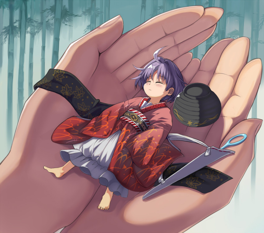 10s 1girl ahoge bamboo bamboo_forest barefoot bowl closed_eyes commentary floral_print forest hair_intakes hat in_palm japanese_clothes kaguya-hime_no_monogatari kimono long_sleeves lying mini_person minigirl nature needle obi on_back pov pov_hands purple_hair sash sleeping sukuna_shinmyoumaru syope touhou unworn_hat unworn_headwear wide_sleeves