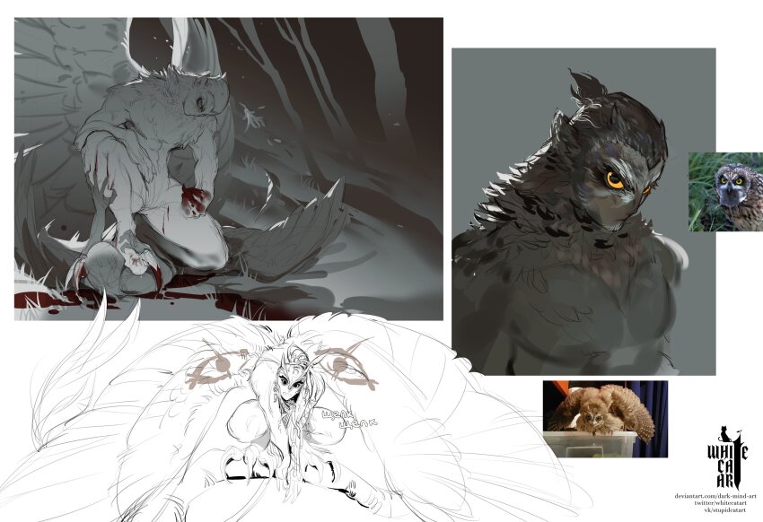 3boys absurdres animal animal_ears artist_name beard_stubble between_legs bird bird_legs bird_wings black_eyes blood blood_on_feet blood_on_hands branch brown_feathers brown_hair claws closed_mouth colored_sclera commentary_request deviantart_username dreadlocks facial_hair feather_hair feathered_wings feathers forest full_body fur-tipped_tail grin hand_between_legs harpy_boy highres logo long_hair long_tail looking_at_viewer lying male_focus monster_boy multiple_boys multiple_views murder nature on_back on_one_knee original owl owl_boy partially_colored ponytail reference_inset russian_commentary short_hair short_ponytail smile spread_wings squatting stepped_on stubble tail talons tree twitter_username upper_body very_long_hair very_short_hair vkontakte_username white_background whitecatart wings yellow_sclera