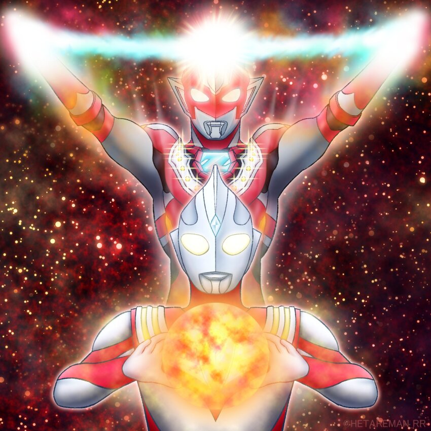 2boys alien armor arms_up black_skin breastplate color_timer colored_skin commentary compound_eyes crystal dorsal_fin energy fireball forehead_jewel front-to-back giant giant_male glowing glowing_eyes gradient_eyes hetareman highres in-franchise_crossover light_particles looking_at_viewer male_focus multicolored_eyes multiple_boys muscular muscular_male no_pupils pectorals pointy_ears powering_up red_background red_skin silver_skin star_(sky) starry_sky_background studded_armor tokusatsu twitter_username ultra_series ultraman_tiga ultraman_tiga_(power_type) ultraman_tiga_(series) ultraman_z ultraman_z_(beta_smash) ultraman_z_(series) upper_body white_eyes yellow_eyes