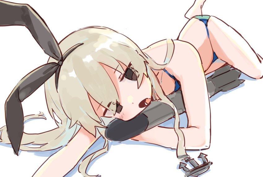 1girl anchor_hair_ornament bikini black_eyes blonde_hair blue_bikini hair_ornament hairband highres holding holding_torpedo kantai_collection karamomo long_hair lying on_side open_mouth shimakaze_(kancolle) simple_background sketch solo swimsuit torpedo white_background