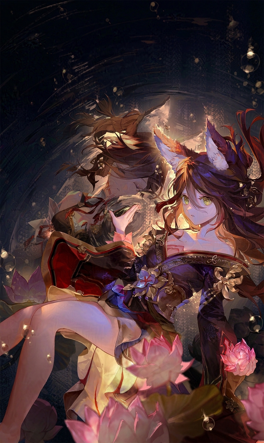2girls animal_ears bare_shoulders black_kimono bracelet breasts brown_dress brown_hair cleavage cleavage_cutout closed_eyes clothing_cutout daeraeband dress dual_persona flower fox_ears fox_girl fox_tail green_eyes hair_between_eyes hair_ornament highres honkai:_star_rail honkai_(series) japanese_clothes jewelry kimono large_breasts long_hair long_sleeves looking_at_viewer medium_hair multiple_girls off_shoulder pelvic_curtain sash skirt tail thighs tingyun_(harmony)_(honkai:_star_rail) tingyun_(honkai:_star_rail) white_skirt wide_sleeves