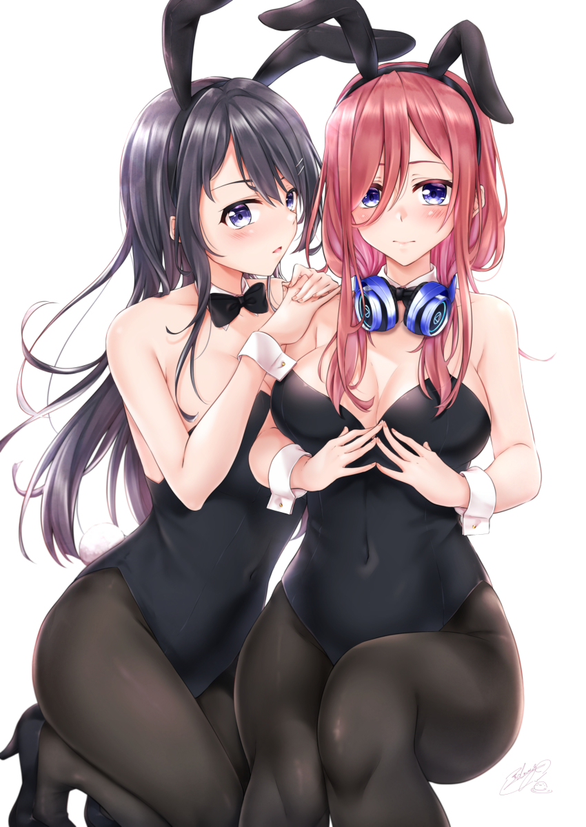 2girls absurdres animal_ears black_hair black_legwear black_leotard black_neckwear blue_eyes bow bowtie breasts brown_hair rabbit_ears rabbit_tail cleavage commentary_request crossover detached_collar fake_animal_ears go-toubun_no_hanayome headphones headphones_around_neck highres large_breasts leotard long_hair looking_at_viewer mini_dang01 multiple_girls nakano_miku pantyhose playboy_bunny purple_eyes sakurajima_mai seishun_buta_yarou simple_background sitting tail white_background wrist_cuffs