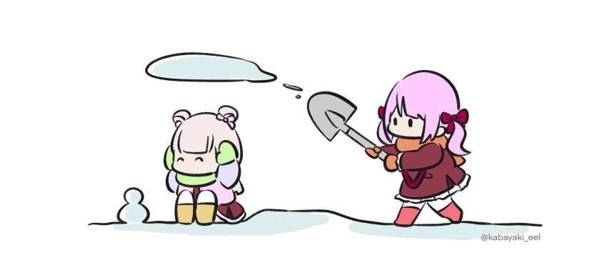 2girls ^_^ arms_up assault_lily blue_jacket blunt_bangs boots bow chibi closed_eyes double_bun frilled_skirt frilled_sleeves frills green_mittens green_scarf hair_bun hands_on_own_head hands_up highres holding holding_shovel jacket kabayaki_(kabayaki_eel) kanba_girls_high_school_uniform knees_up long_hair long_sleeves looking_at_another medium_hair miniskirt mittens multicolored_jacket multiple_girls no_mouth on_ground open_clothes open_jacket orange_mittens orange_scarf pantyhose pink_boots pink_bow pink_hair pink_jacket red_bow red_shirt red_skirt sadamori_himeka scarf school_uniform shirt shovel shoveling simple_background sitting skirt snow snowman solid_oval_eyes standing tanba_akari twintails twitter_username white_background white_pantyhose yellow_boots