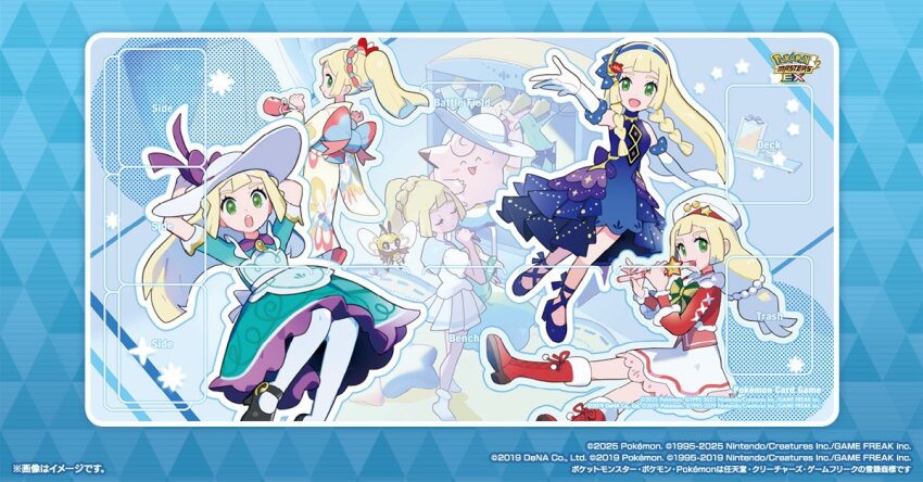 1girl :d apron blonde_hair boots bow clefairy commentary_request dress flower gen_1_pokemon gen_7_pokemon gloves green_dress green_eyes hair_flower hair_ornament hairband hat holding holding_instrument instrument japanese_clothes kimono lillie_(anniversary_2021)_(pokemon) lillie_(holiday_2024)_(pokemon) lillie_(new_year&#039;s_2021)_(pokemon) lillie_(pokemon) lillie_(special_costume)_(pokemon) long_hair mizutani_megumi multiple_views nintendo official_alternate_costume official_art open_mouth outline pantyhose pokemon pokemon_(creature) pokemon_masters_ex pokemon_sm pokemon_tcg red_boots red_flower ribombee shoes skirt smile sun_hat watermark white_gloves white_hat white_skirt