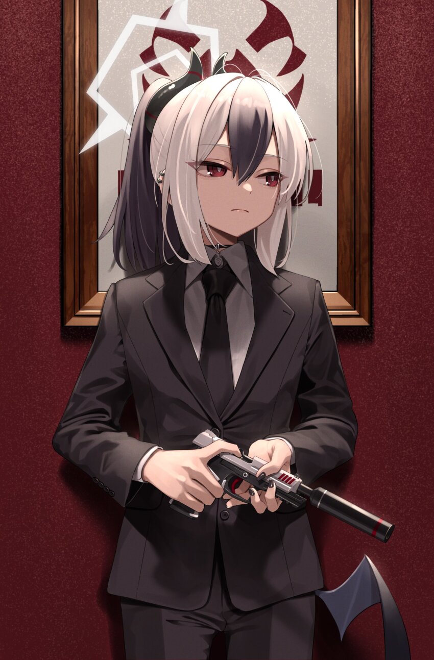 1girl black_hair black_horns black_necktie black_pants black_wings blue_archive closed_mouth collared_shirt cowboy_shot demon_horns demon_wings formal_clothes greenkohgen grey_hair grey_halo grey_shirt gun h&amp;k_p30 hair_between_eyes halo handgun highres holding holding_gun holding_weapon horns kayoko_(blue_archive) long_hair long_sleeves multicolored_hair necktie pants picture_frame pistol red_eyes shirt single_wing solo suit suppressor weapon wings