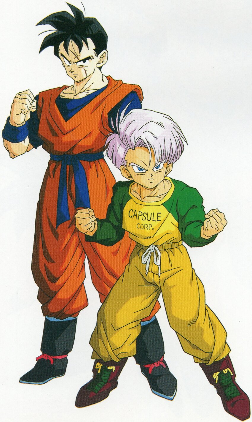 1990s_(style) 2boys absurdres aged_down black_eyes black_hair blue_eyes boots capsule_corp clenched_hands dougi dragon_ball dragonball_z drawstring frown full_body green_sleeves highres maeda_minoru male_focus multiple_boys muscular official_art orange_dougi pants purple_hair raglan_sleeves red_boots retro_artstyle scan scar scar_across_eye scar_on_face shirt short_hair side_part son_gohan son_gohan_(future) spiked_hair sweatpants teacher_and_student third-party_source trunks_(dragon_ball) trunks_(future)_(dragon_ball) white_background wristband yellow_pants yellow_shirt
