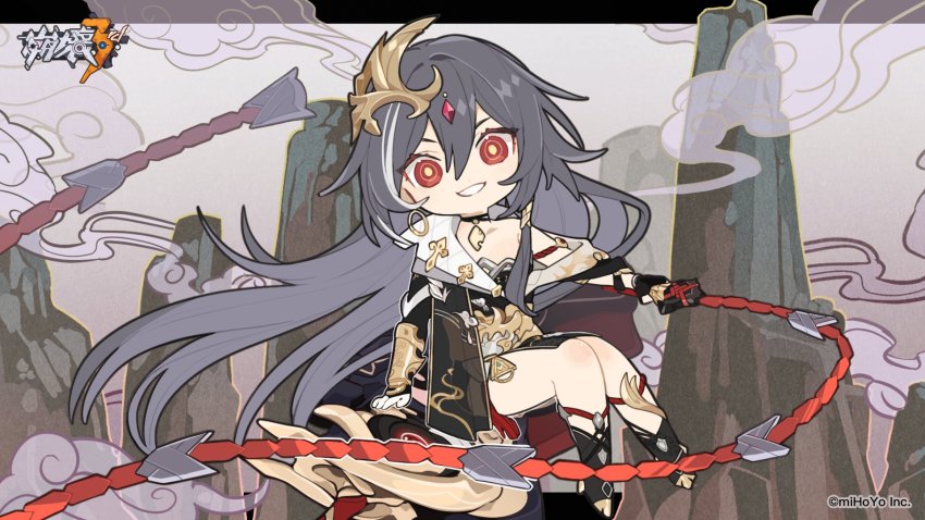 1girl black_hair chinese_clothes floating floating_object floating_sword floating_weapon grin hair_between_eyes hair_ornament herrscher_of_sentience highres holding holding_whip honkai_(series) honkai_impact_3rd long_hair looking_at_viewer mogomaco mountain official_art open_mouth outdoors red_eyes sitting smile solo sword teeth v-shaped_eyebrows weapon