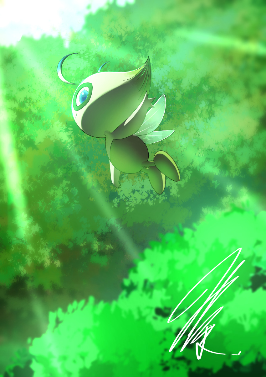 absurdres antenna_hair blue_eyes celebi colored_skin floating flying forest from_behind from_side full_body game_freak gen_2_pokemon glowing grass green_skin highres legendary_pokemon light_rays looking_at_viewer looking_back mitsukuma448 mythical_pokemon nature nintendo outdoors outstretched_arms partially_shaded_face pokemon pokemon_(creature) signature smile solo sunbeam sunlight tree wings