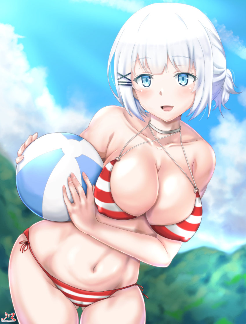 1girl artist_logo ball beachball bikini blue_eyes blue_sky breasts cleavage commentary cowboy_shot hair_ornament highres holding holding_ball holding_beachball large_breasts logo looking_at_viewer navel open_mouth red_bikini samenoido short_hair side-tie_bikini_bottom siesta_(tantei_wa_mou_shindeiru) sky smile solo striped_bikini striped_clothes swimsuit tantei_wa_mou_shindeiru white_hair