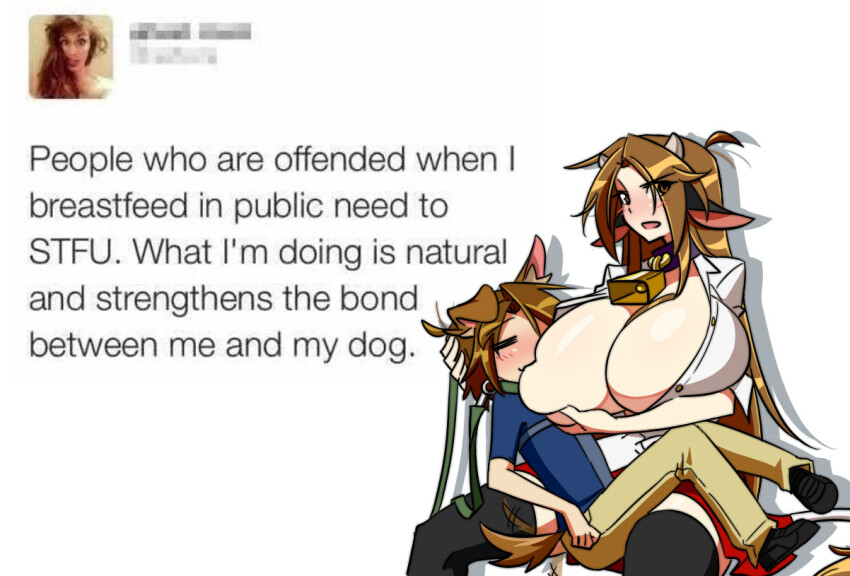 1boy 1girl black_thighhighs blush breast_sucking breastfeeding breasts brown_hair cow_girl dog_boy ears_down english_text graph_(graphiteknight) hetero huge_breasts long_hair looking_at_viewer matt_(ego_trigger) mattie_(ego_trigger) meme no_bra on_lap original size_difference thighhighs white_background zettai_ryouiki