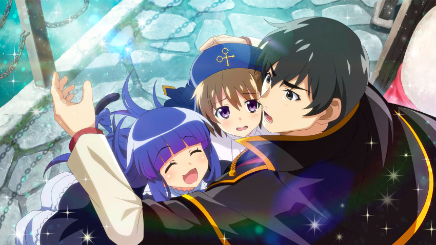 1boy 2girls :d ^_^ akasaka_mamoru akasaka_miyuki black_cape black_dress black_eyes black_hair blue_dress blue_hair blue_hat blunt_bangs blush brown_hair cape closed_eyes confused cosplay dlanor_a._knox dlanor_a._knox_(cosplay) dress eye_contact frederica_bernkastel frederica_bernkastel_(cosplay) frilled_dress frills from_behind furude_rika game_cg hat highres higurashi_no_naku_koro_ni higurashi_no_naku_koro_ni_mei jacket lens_flare long_hair long_sleeves looking_at_another lower_teeth_only multiple_girls non-web_source official_art open_mouth outdoors pavement purple_eyes red_shirt shirt short_hair shy smile sparkle standing teeth umineko_no_naku_koro_ni ushiromiya_battler ushiromiya_battler_(cosplay) voice_actor_connection white_jacket