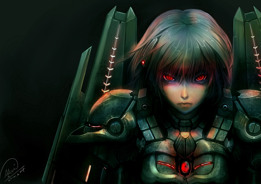 1girl armor black_hair ch female_focus highres mecha_musume original power_armor red_eyes short_hair shou_mai solo
