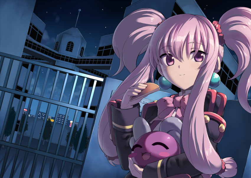 1girl akihabara_dennou_gumi black_jacket bow bowtie closed_mouth commentary_request creature earrings food hair_between_eyes hair_ornament hair_scrunchie highres holding holding_creature holding_food imoto_katsuyuki jacket jewelry long_hair long_sidelocks long_sleeves looking_at_viewer low-tied_sidelocks ootorii_tsubame open_clothes open_jacket outdoors pancake petit_ange pink_bow pink_bowtie pink_hair purple_eyes red_scrunchie scrunchie shirt sidelocks smile solo sphere_earrings split_mouth twintails upper_body white_shirt