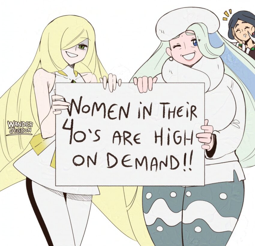3girls artist_name blue_eyes breasts drasna_(pokemon) english_text grin hair_over_one_eye large_breasts legs long_hair looking_at_viewer lusamine_(pokemon) mature_female melony_(pokemon) multiple_girls nintendo one_eye_closed pants pantyhose parted_lips pink_lips pokemon pokemon_sm pokemon_swsh pokemon_xy raised_eyebrows smile thick_thighs thighs very_long_hair wanderjegson wide_hips wink