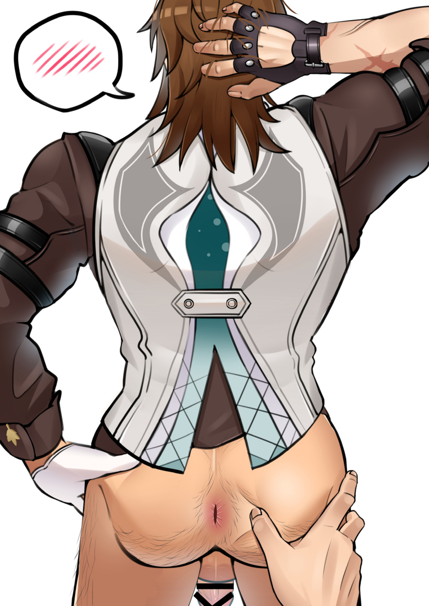 1boy absurdres anus arm_behind_head arm_up ass ass_hair from_behind bara black_shirt brown_hair censored commentary_request flaccid gallagher_(honkai:_star_rail) gloves grey_vest hand_on_another&#039;s_ass highres honkai:_star_rail honkai_(series) long_hair male_focus muscular muscular_male noisezzz_(user_vwms5743) penis shirt speech_bubble spoken_blush spread_anus spread_ass testicles topless_male vest white_background