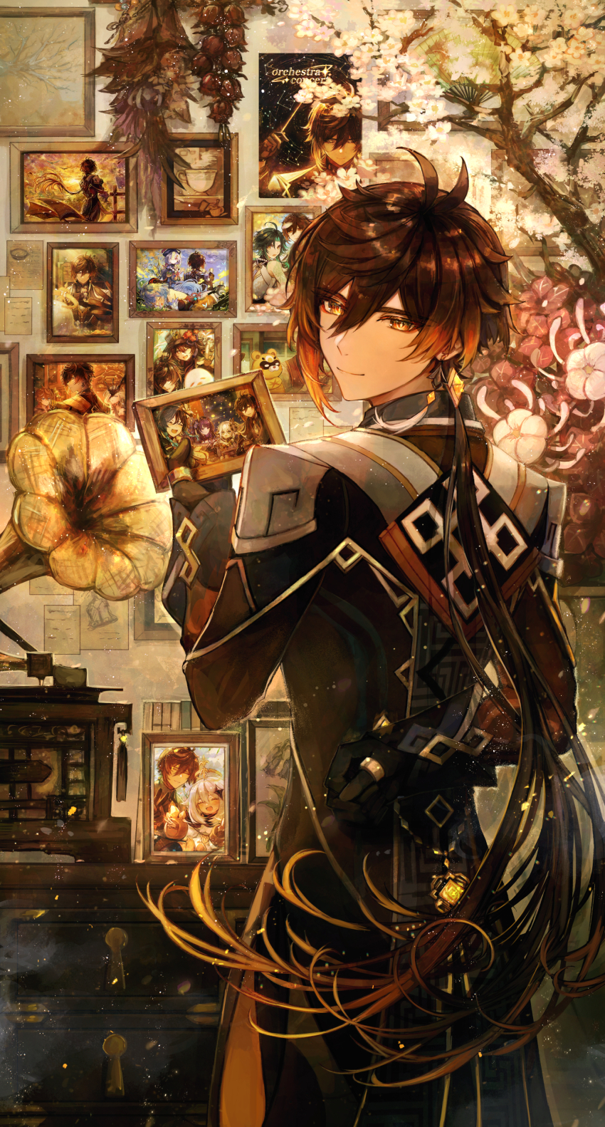 1boy absurdres black_gloves black_hair boo_tao_(genshin_impact) brown_hair closed_mouth coat cup earrings flower ganyu_(genshin_impact) genshin_impact gloves gradient_hair guoba_(genshin_impact) hair_between_eyes halo hanging_flower highres holding hu_tao_(genshin_impact) indoors jewelry long_hair long_sleeves looking_back low_ponytail male_focus multicolored_hair nahida_(genshin_impact) orange_eyes orange_hair paimon_(genshin_impact) paper phonograph photo_(object) pink_flower ponytail qiqi_(genshin_impact) raiden_shogun signora_(genshin_impact) single_earring solo tartaglia_(genshin_impact) tassel tassel_earrings tgf_pic venti_(genshin_impact) very_long_hair vision_(genshin_impact) white_flower xiao_(genshin_impact) zhongli_(genshin_impact)